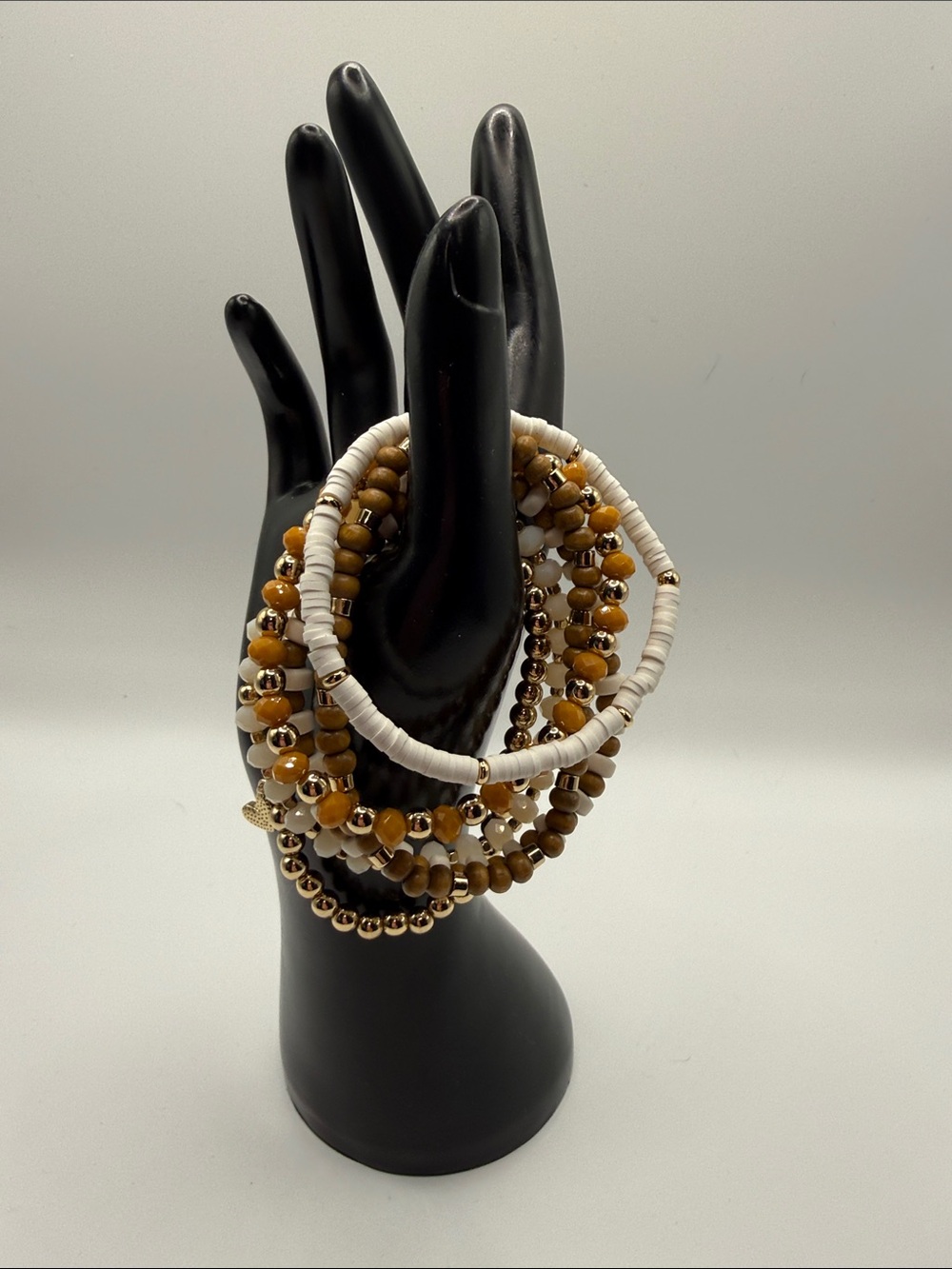 Neutral White and Brown Beaded Stretch Bracelet Set